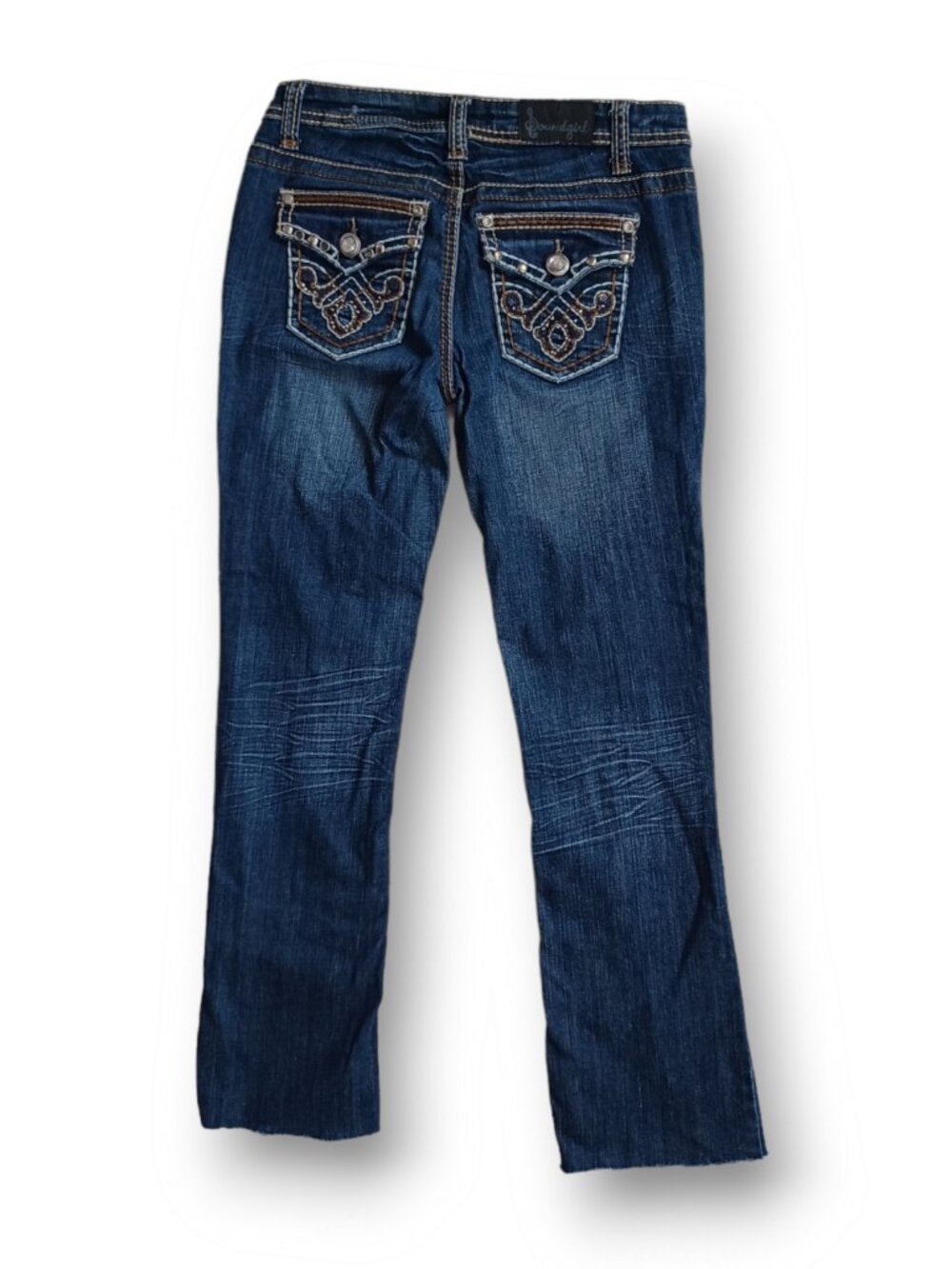 Soundgirl Jeans Bootcut Crop Raw Hem Low Rise Distressed Embellished Size 5